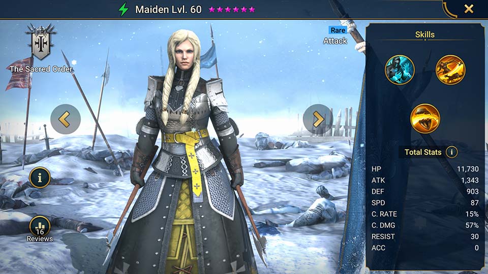 Maiden's information on skills, equipment, and mastery build for dungeon campaign, clan boss, and arena.  