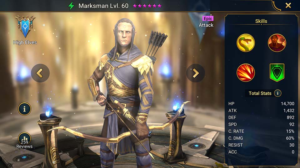 Marksman's information on skills, equipment, and mastery build for dungeon campaign, clan boss, and arena.  