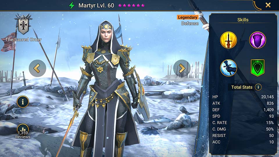 Martyr's information on skills, equipment, and mastery build for dungeon campaign, clan boss, and arena.  