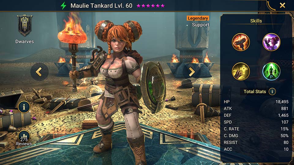 Maulie Tankard's information on skills, equipment, and mastery build for dungeon campaign, clan boss, and arena.  
