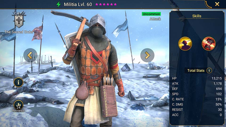 Militia's information on skills, equipment, and mastery build for dungeon campaign, clan boss, and arena.  