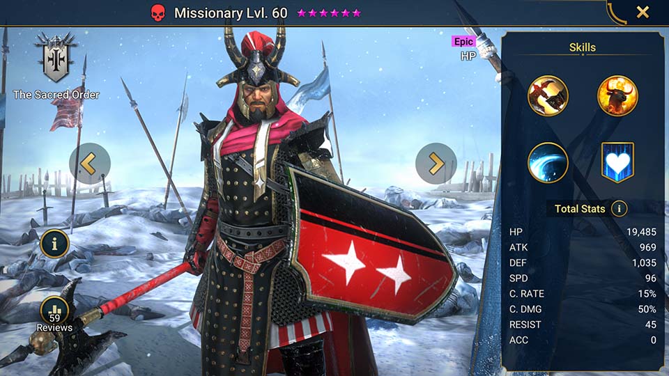 Missionary's information on skills, equipment, and mastery build for dungeon campaign, clan boss, and arena.  