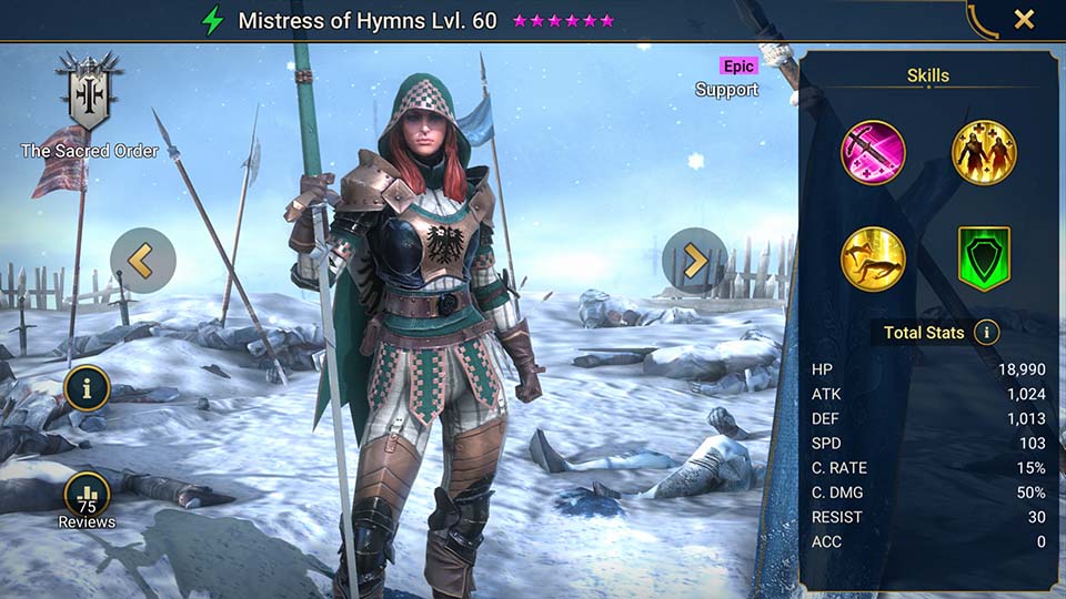 Mistress of Hymns's information on skills, equipment, and mastery build for dungeon campaign, clan boss, and arena.  