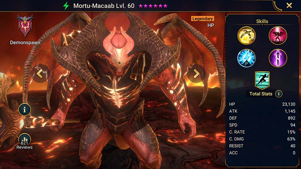 Mortu-Macaab's information on skills, equipment, and mastery build for dungeon campaign, clan boss, and arena.  