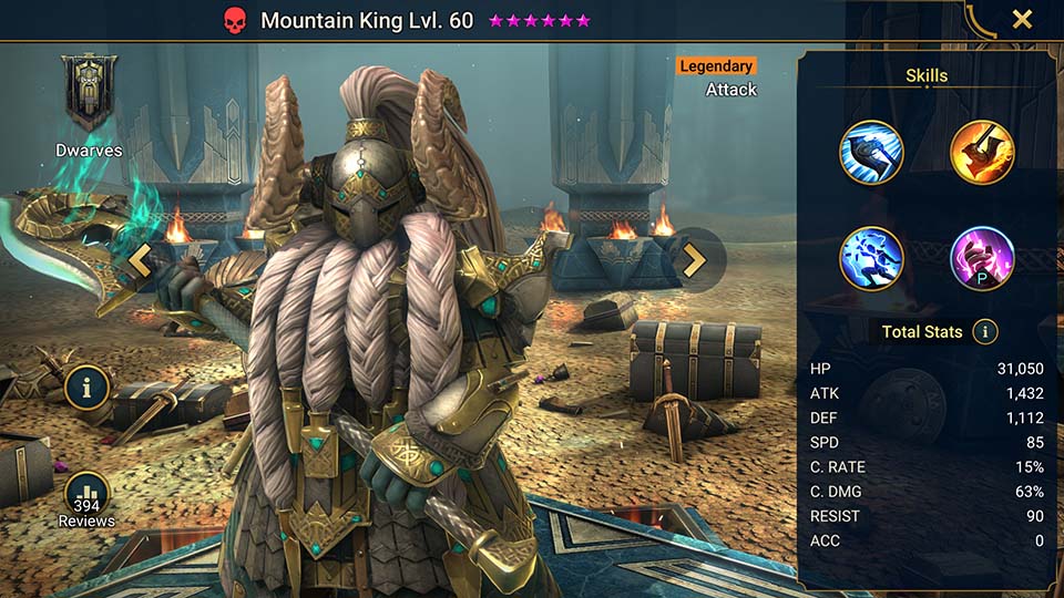 Mountain King's information on skills, equipment, and mastery build for dungeon campaign, clan boss, and arena.  