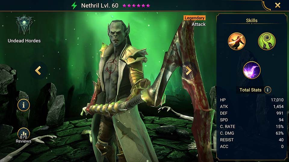 Nethril's information on skills, equipment, and mastery build for dungeon campaign, clan boss, and arena.  