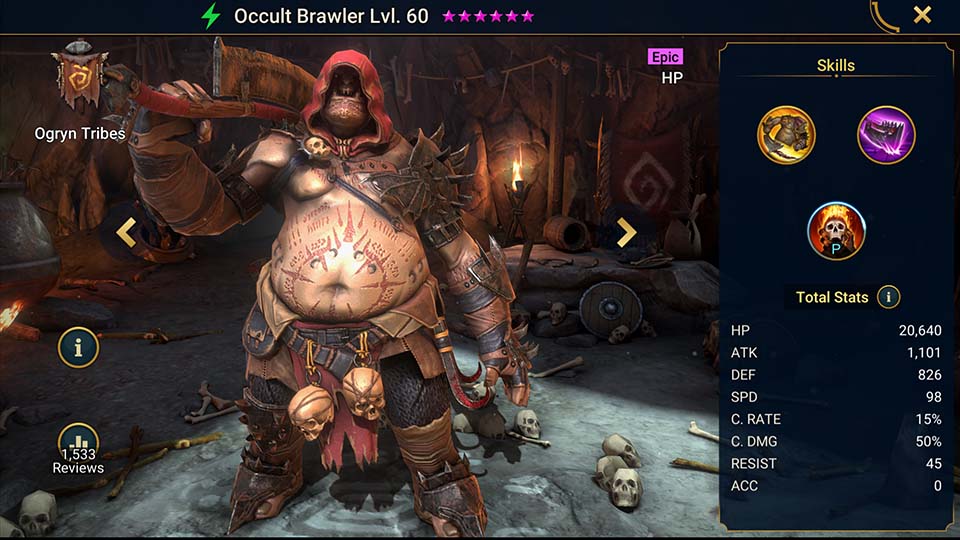 Occult Brawler's information on skills, equipment, and mastery build for dungeon campaign, clan boss, and arena.  