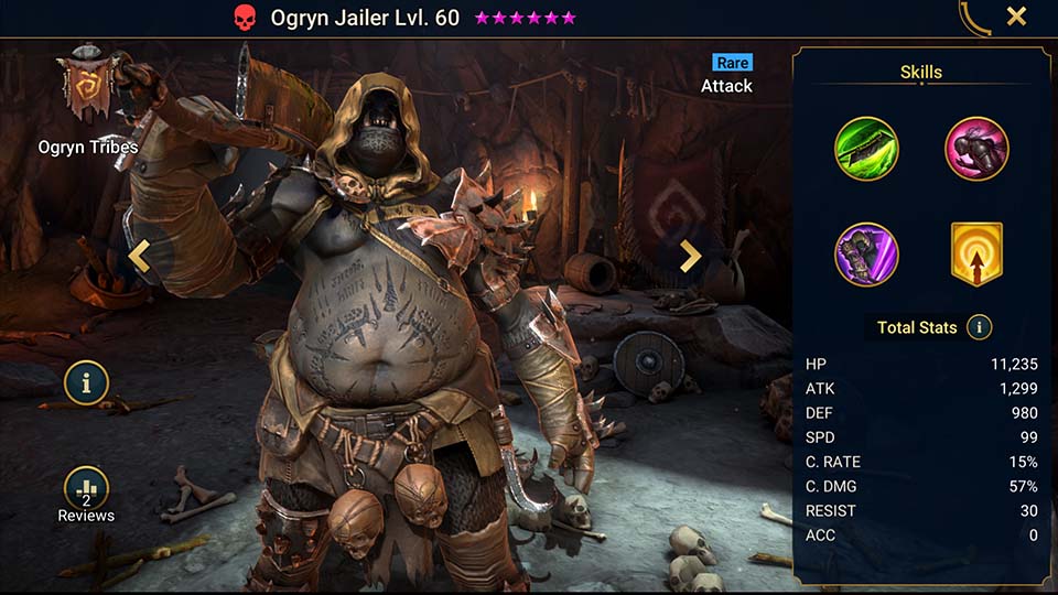 Ogryn Jailer's information on skills, equipment, and mastery build for dungeon campaign, clan boss, and arena.  