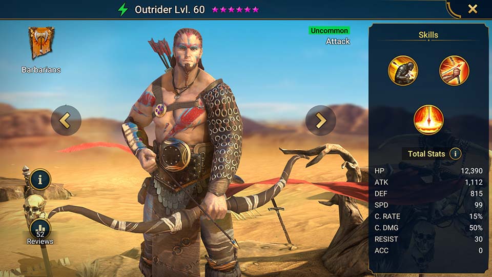 Outrider's information on skills, equipment, and mastery build for dungeon campaign, clan boss, and arena.  