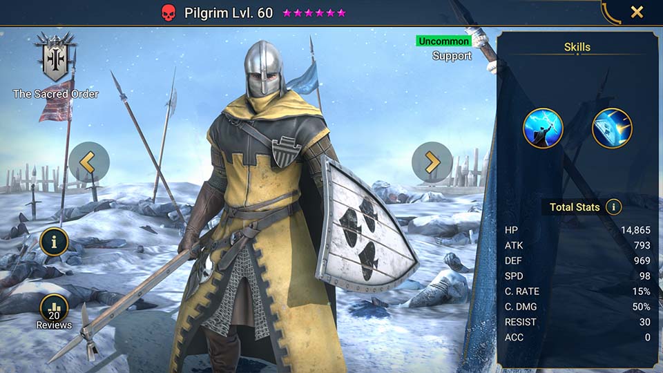 Pilgrim's information on skills, equipment, and mastery build for dungeon campaign, clan boss, and arena.  