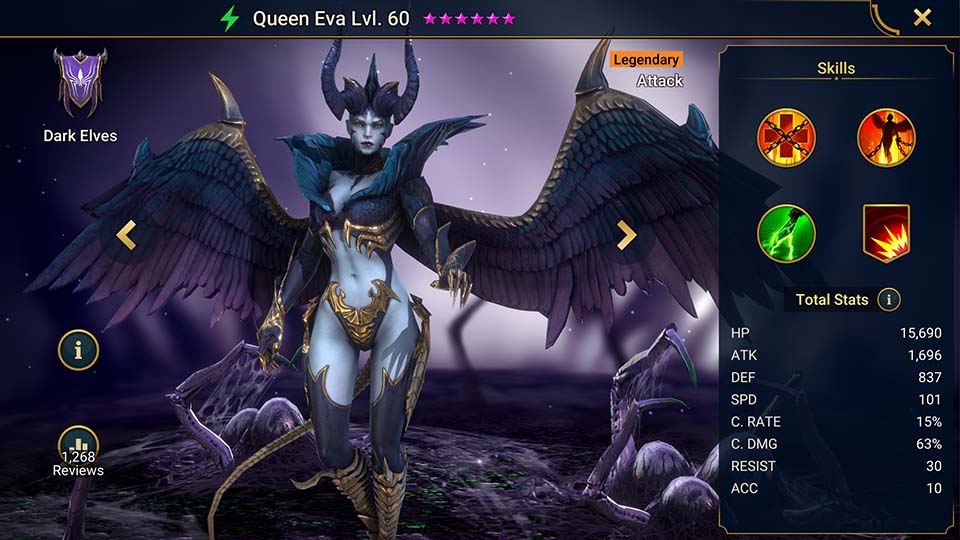 Queen Eva's information on skills, equipment, and mastery build for dungeon campaign, clan boss, and arena.  