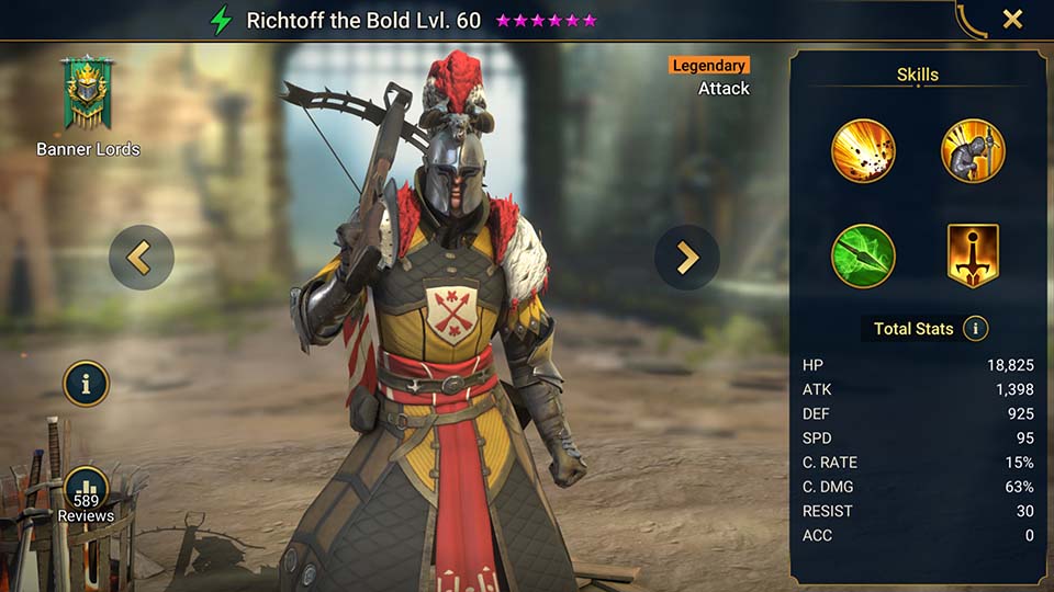 Richtoff the Bold's information on skills, equipment, and mastery build for dungeon campaign, clan boss, and arena.  