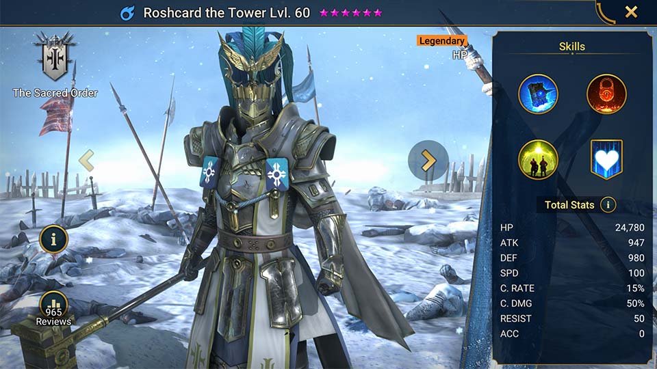 Roshcard the Tower's information on skills, equipment, and mastery build for dungeon campaign, clan boss, and arena.  