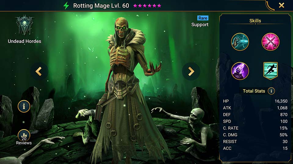 Rotting Mage's information on skills, equipment, and mastery build for dungeon campaign, clan boss, and arena.  