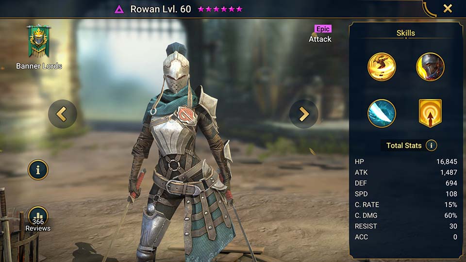 Rowan's information on skills, equipment, and mastery build for dungeon campaign, clan boss, and arena.  