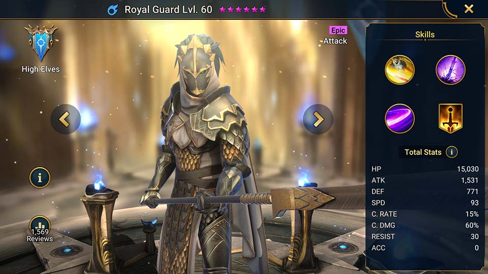 Royal Guard's information on skills, equipment, and mastery build for dungeon campaign, clan boss, and arena.  