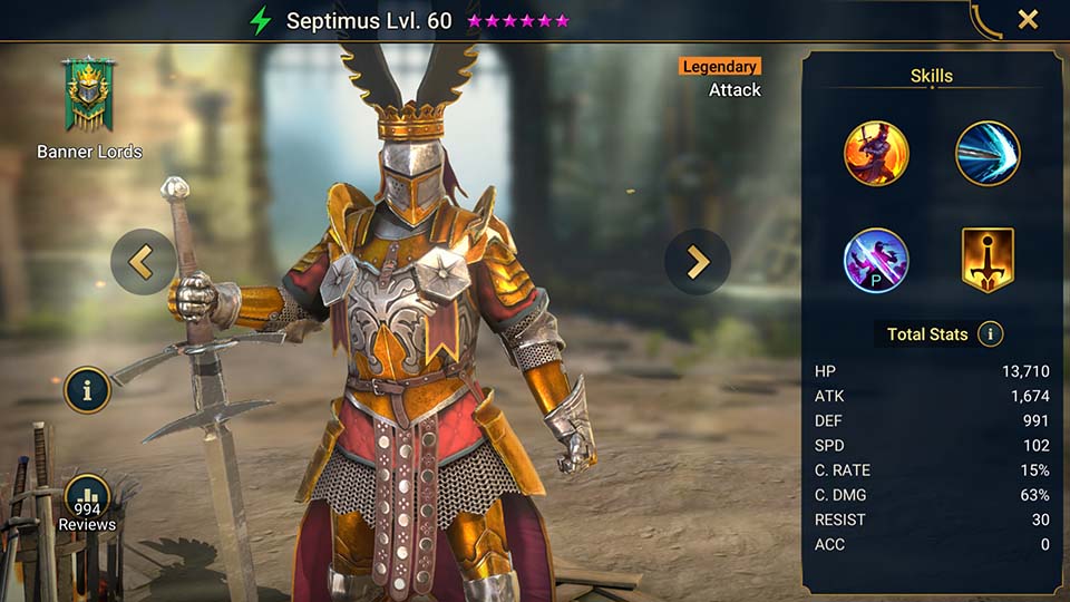 Septimus's information on skills, equipment, and mastery build for dungeon campaign, clan boss, and arena.  