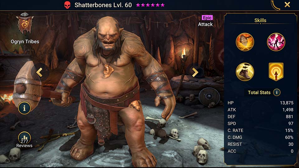 Shatterbones's information on skills, equipment, and mastery build for dungeon campaign, clan boss, and arena.  
