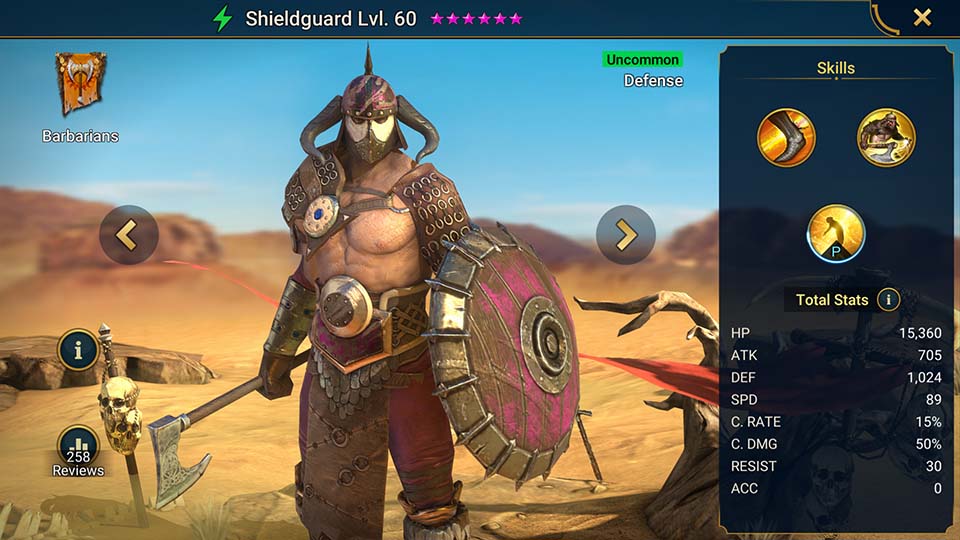 Shieldguard's information on skills, equipment, and mastery build for dungeon campaign, clan boss, and arena.  