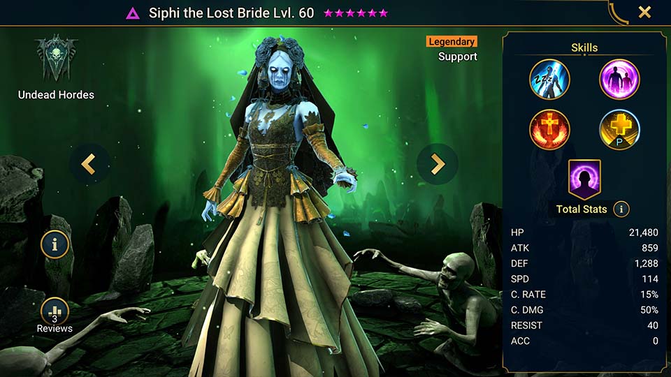 Siphi the Lost Bride's information on skills, equipment, and mastery build for dungeon campaign, clan boss, and arena.  