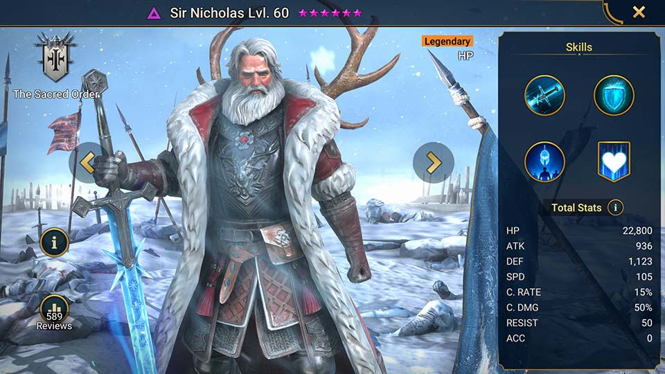 Sir Nicholas's information on skills, equipment, and mastery build for dungeon campaign, clan boss, and arena.  