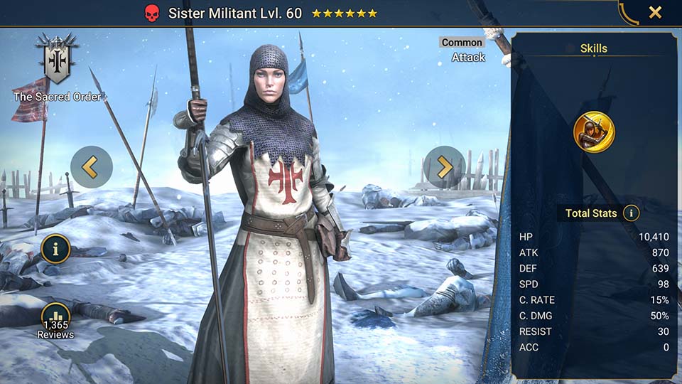 Sister Militant's information on skills, equipment, and mastery build for dungeon campaign, clan boss, and arena.  