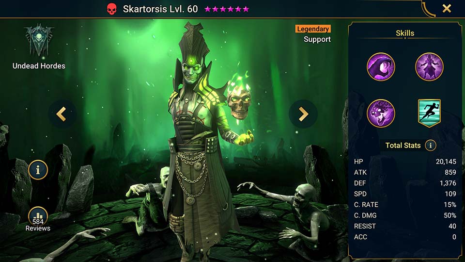Skartorsis's information on skills, equipment, and mastery build for dungeon campaign, clan boss, and arena.  