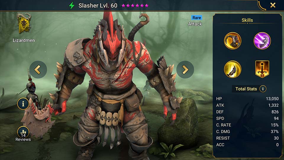 Slasher's information on skills, equipment, and mastery build for dungeon campaign, clan boss, and arena.  