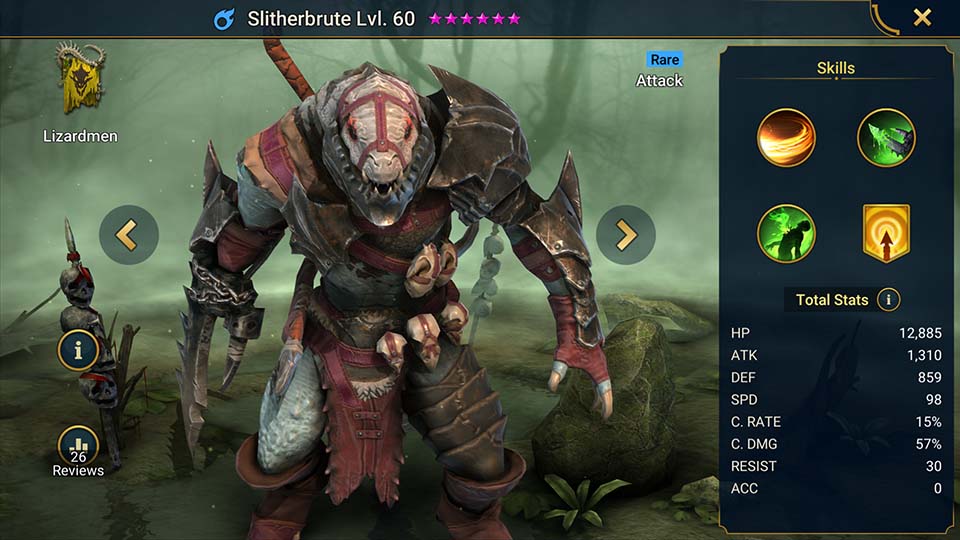 Slitherbrute's information on skills, equipment, and mastery build for dungeon campaign, clan boss, and arena.  