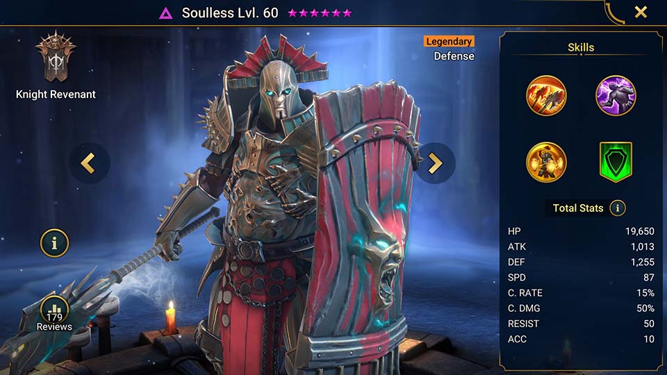 Soulless's information on skills, equipment, and mastery build for dungeon campaign, clan boss, and arena.  
