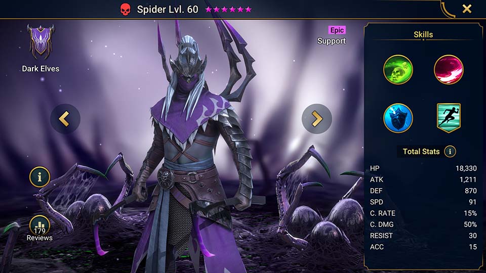 Spider's information on skills, equipment, and mastery build for dungeon campaign, clan boss, and arena.  