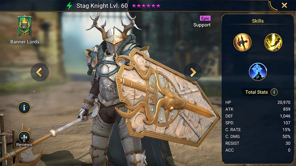 Stag Knight's information on skills, equipment, and mastery build for dungeon campaign, clan boss, and arena.  