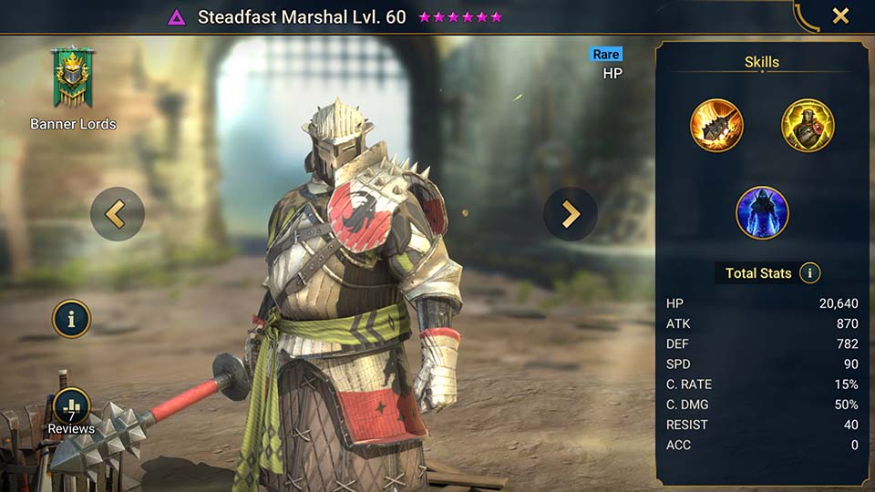 Steadfast Marshal's information on skills, equipment, and mastery build for dungeon campaign, clan boss, and arena.  