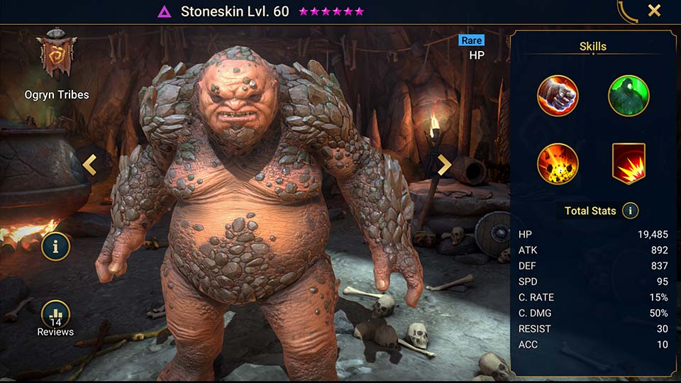 Stoneskin's information on skills, equipment, and mastery build for dungeon campaign, clan boss, and arena.  