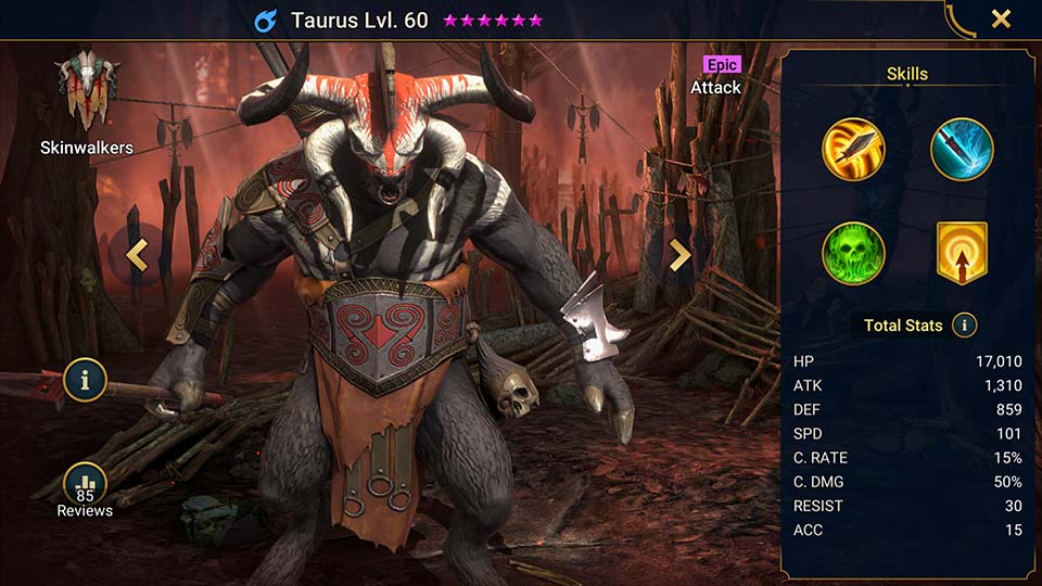 Taurus's information on skills, equipment, and mastery build for dungeon campaign, clan boss, and arena.  