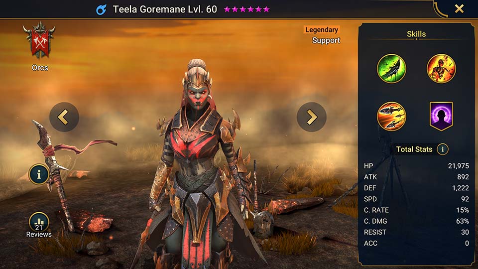 Teela Goremane's information on skills, equipment, and mastery build for dungeon campaign, clan boss, and arena.  