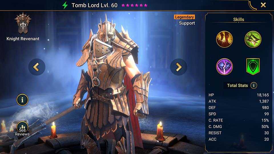 Tomb Lord's information on skills, equipment, and mastery build for dungeon campaign, clan boss, and arena.  