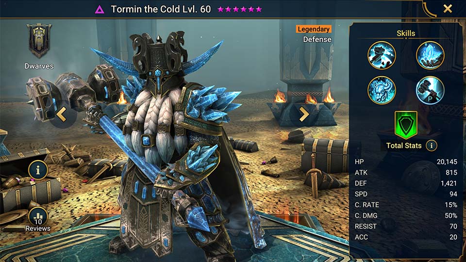 Tormin the Cold's information on skills, equipment, and mastery build for dungeon campaign, clan boss, and arena.  
