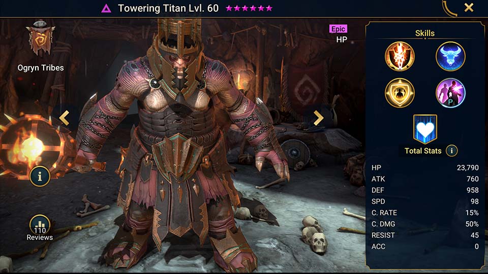 Towering Titan's information on skills, equipment, and mastery build for dungeon campaign, clan boss, and arena.  