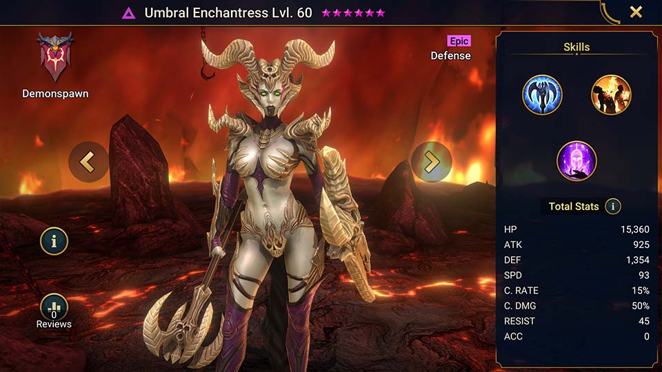 Umbral Enchantress's information on skills, equipment, and mastery build for dungeon campaign, clan boss, and arena.  