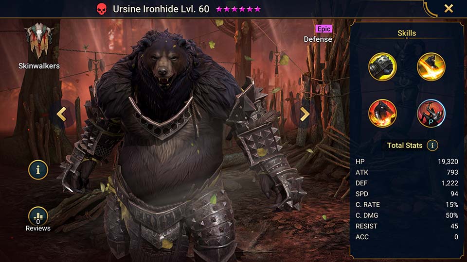 Ursine Ironhide's information on skills, equipment, and mastery build for dungeon campaign, clan boss, and arena.  