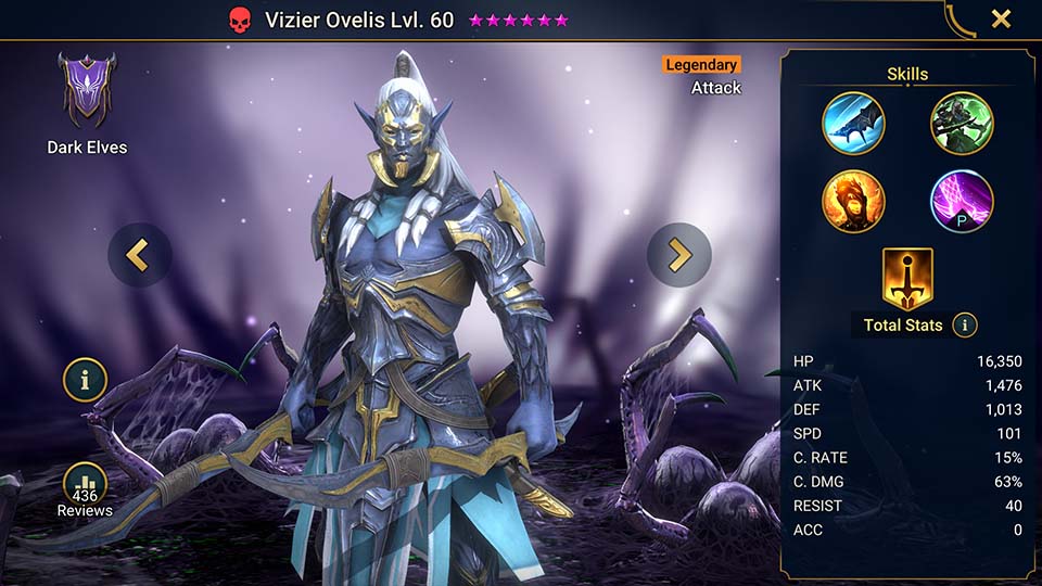 Vizier Ovelis's information on skills, equipment, and mastery build for dungeon campaign, clan boss, and arena.  