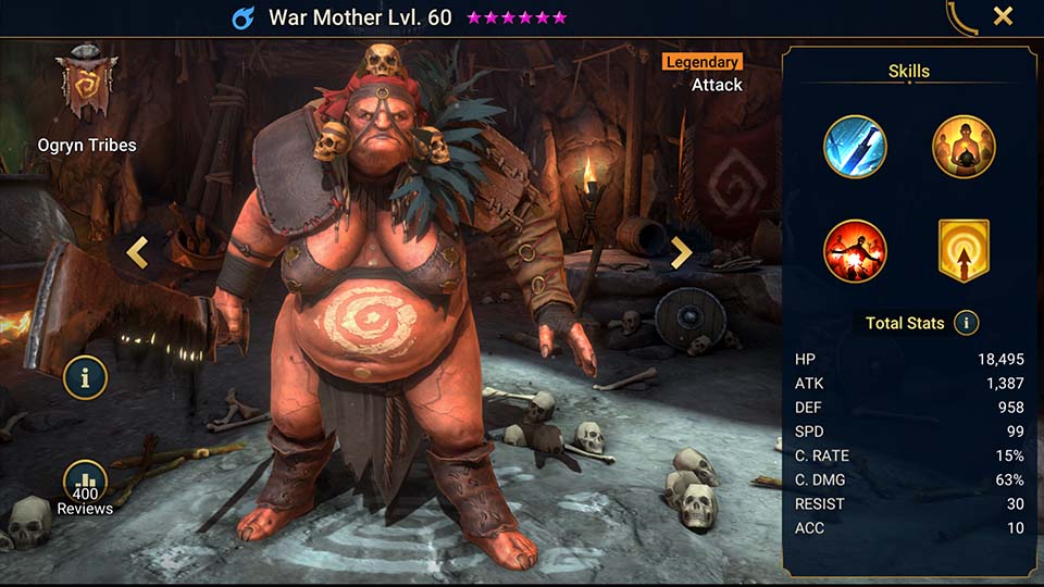 War Mother's information on skills, equipment, and mastery build for dungeon campaign, clan boss, and arena.  