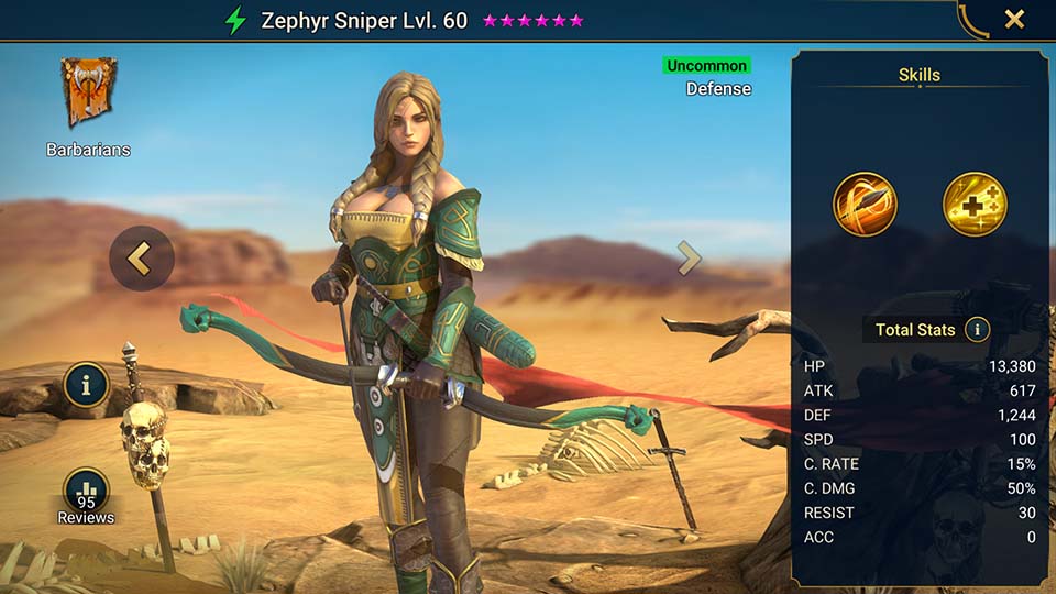 Zephyr Sniper's information on skills, equipment, and mastery build for dungeon campaign, clan boss, and arena.  